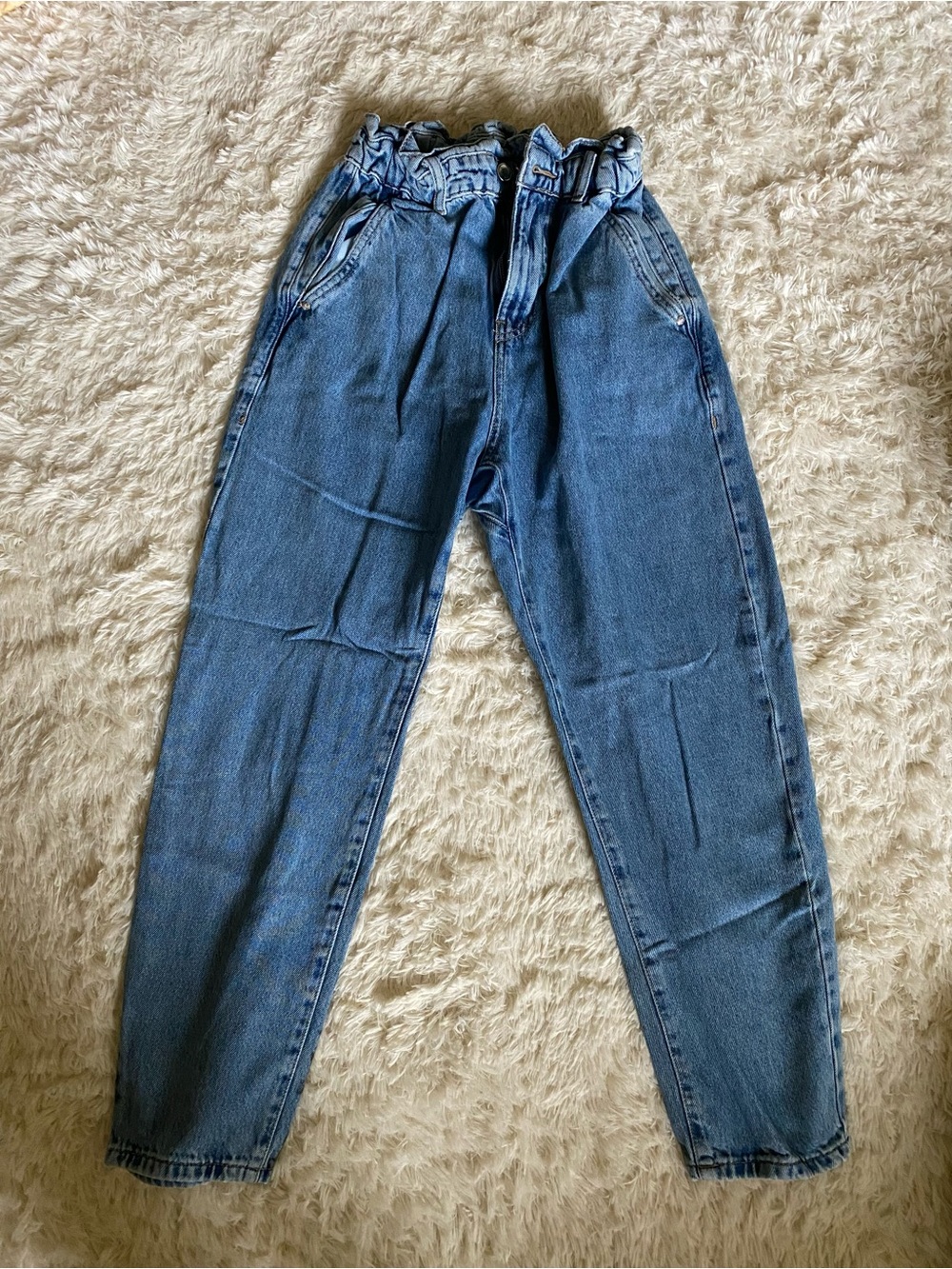 Paperbag Waist High-Rise Denim Jeans - Medium Blue